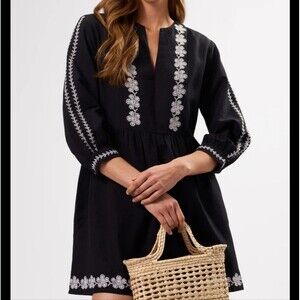 $225 NEW AMOUR VERT boho black white embroidery babydoll dress M MEDIUM NWT